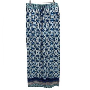 Bebop Elastic Waist Geometric Print Relaxed Fit Pants - Blue White Green -Medium